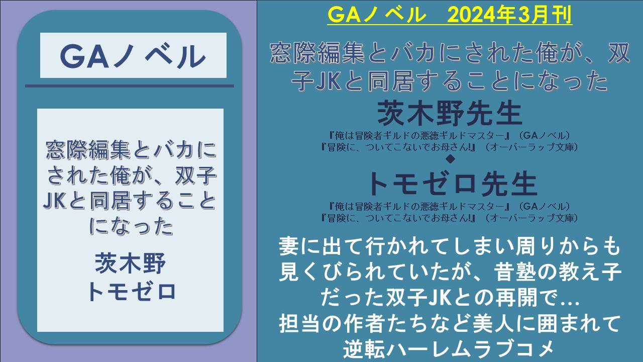 GAノベル 2024年3月刊      窓際編集とバカにされた俺が、双子JKと同居することになった 茨木野先生 『俺は冒険者ギルドの悪徳ギルドマスター』(GAノベル) 『冒険に、ついてこないでお母さん!』(オーバーラップ文庫) ◆ トモゼロ先生 『俺は冒険者ギルドの悪徳ギルドマスター』(GAノベル) 『冒険に、ついてこないでお母さん!』(オーバーラップ文庫)