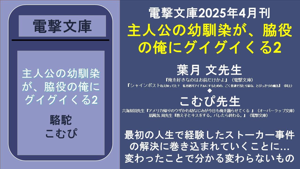 電撃文庫2025年4月刊 主人公の幼馴染が、脇役の俺にグイグイくる2 葉月 文先生 『俺を好きなのはお前だけかよ』(電撃文庫) 『シャインポストねえ知ってた? 私を絶対アイドルにするための、ごく普通で当たり前な、とびっきりの魔法』(同上) ◆ こむぴ先生 六海刻羽先生『アメリカ帰りのウザかわ幼なじみが今日も俺を踊らせてくる  』(オーバーラップ文庫) 扇風気 周先生『教え子とキスをする。バレたら終わる。』(電撃文庫) 最初の人生で経験したストーカー事件の解決に巻き込まれていくことに… 変わったことで分かる変わらないもの